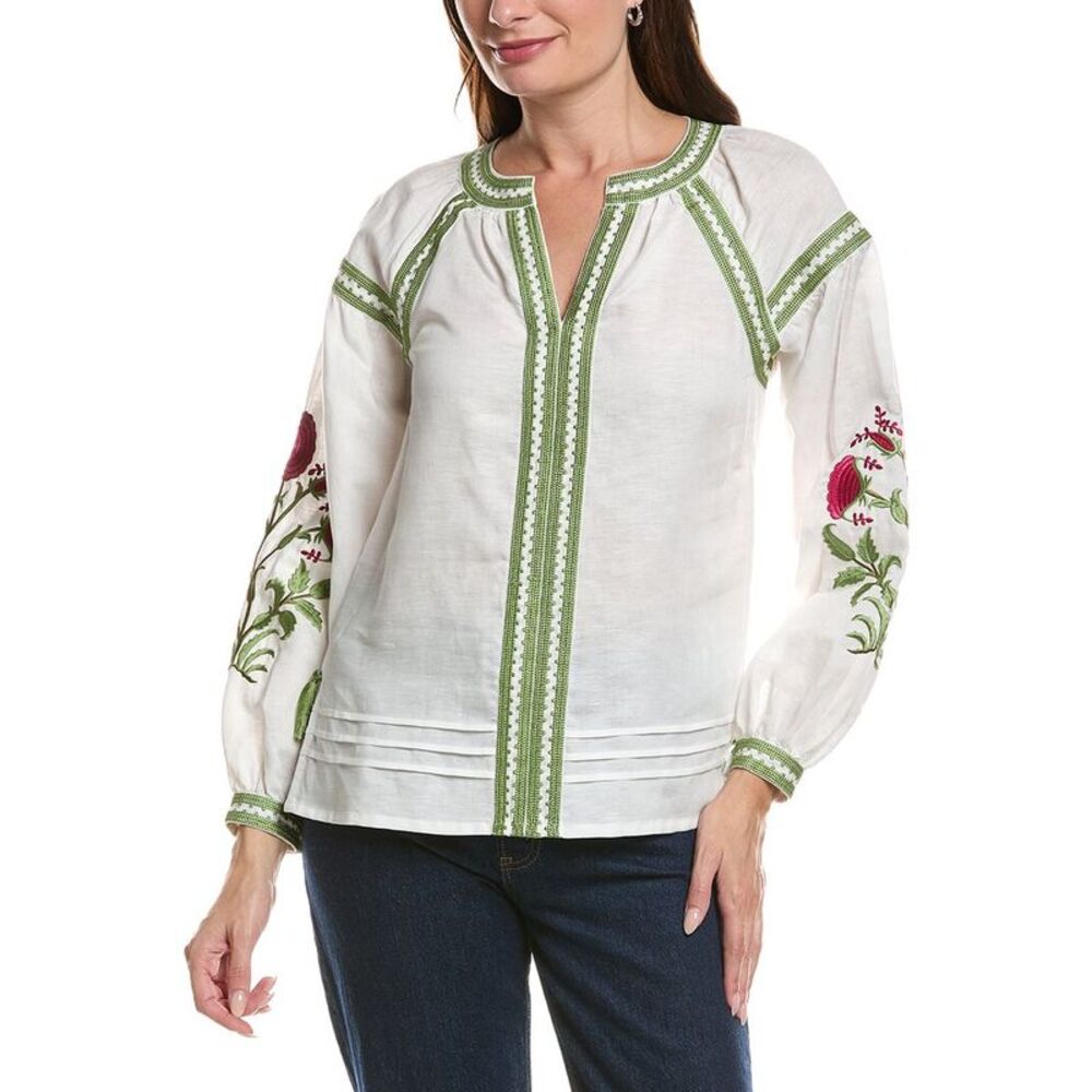 Elie Tahari Womens  The Sofia Embroidered Linen-Blend Blouse, Blue